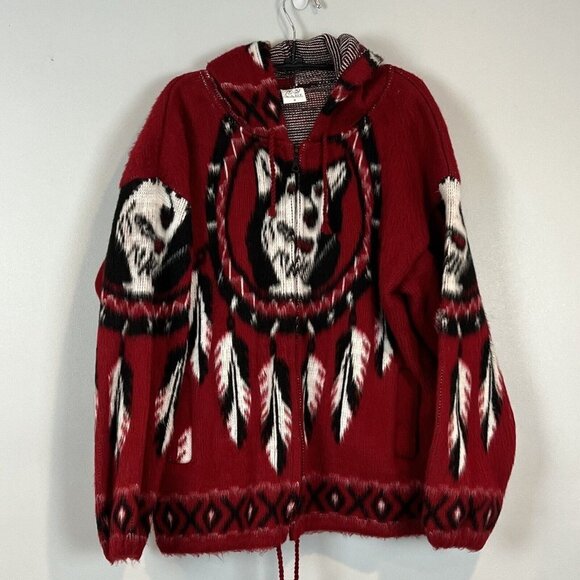 Yari Artesanias Mens Small Wolf Husky Dream Catcher Red Wool Hoodie Full Zip - Picture 1 of 8